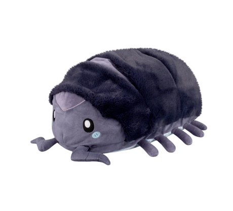 Soft plush toy of Pillbug Roly Poly with magnets allowing it to roll into a ball, designed for folding and cuddling.