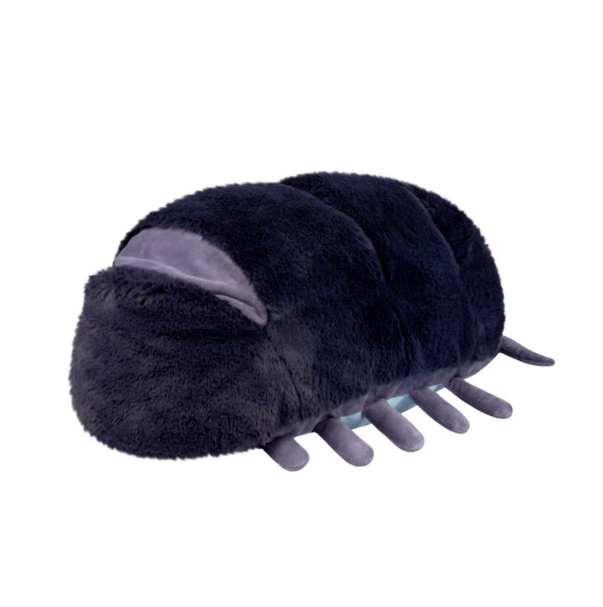 Plush Pillbug Roly Poly toy in dark blue with soft texture and magnetic ability to roll into a ball shape.