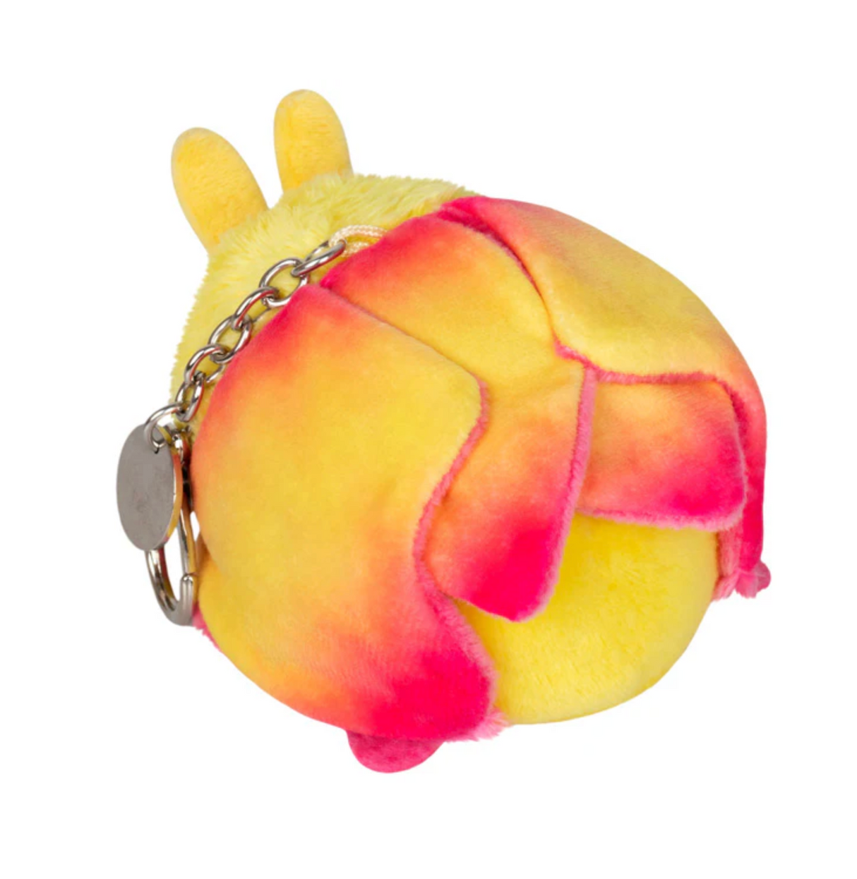 Rosy Maple Moth Micro plush keychain with yellow and pink soft wings and metal clip accessory.