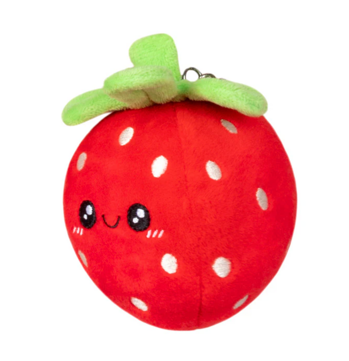 Strawberry Micro plush with a smiling face, green leaves, and a metal clip for ages 3 and up.
