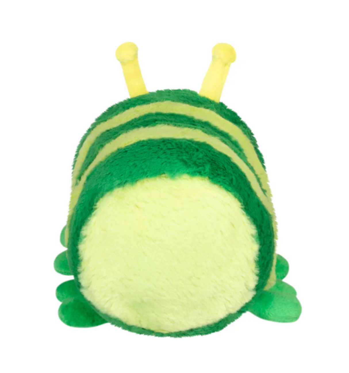 Caterpillar Snackers plush toy in green and yellow stripes with soft texture and cute antennae.