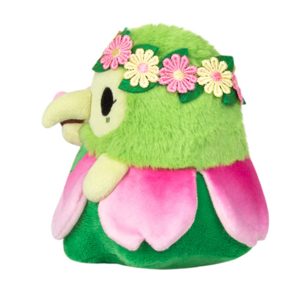 Alter Ego | Plague Doctor Nymph plush with green fur, pink petals, and a flower crown, a friendly forest fairy character.