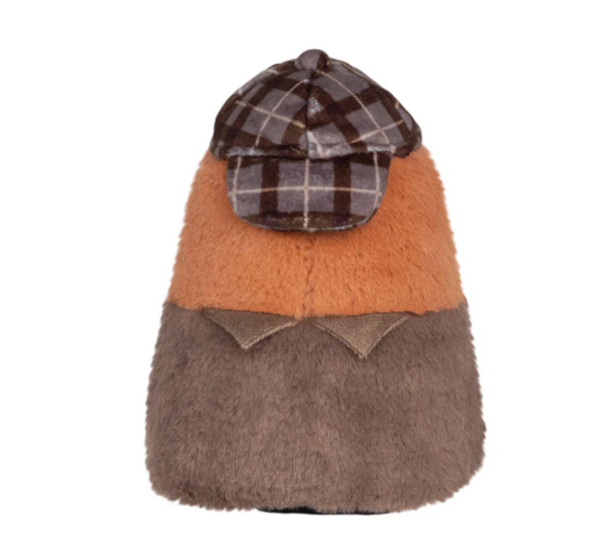 Alter Ego | Plague Doctor Detective plush wearing a brown plaid detective hat with a fuzzy orange and brown body.