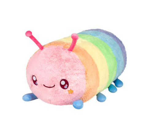 Rainbow Caterpillar Mega plush toy with a smiling face and colorful rainbow stripes, soft polyester fiber for ages 0 and up.
