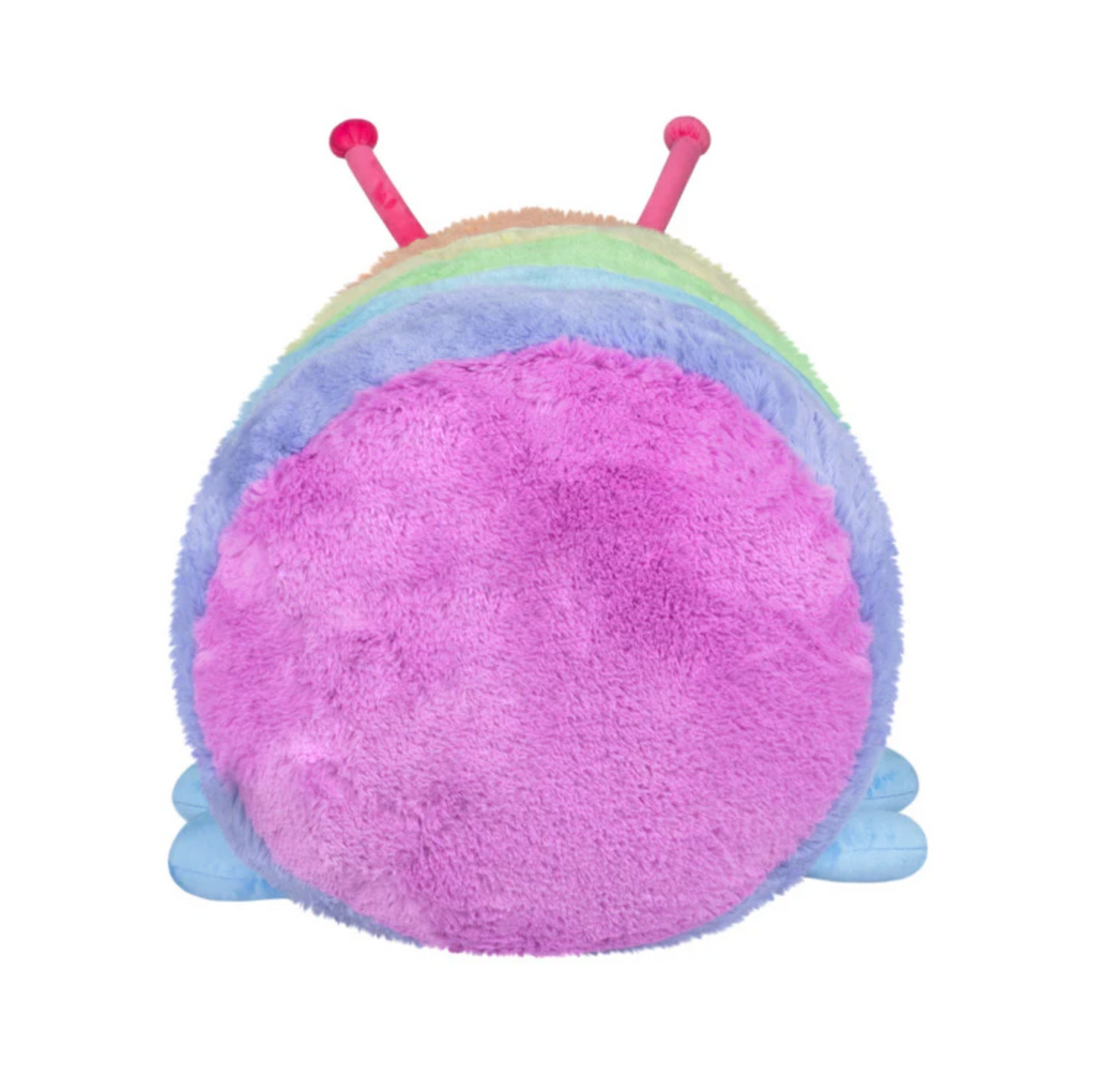 Rainbow Caterpillar Mega plush toy showing its soft, round pink face and colorful striped body from the front.