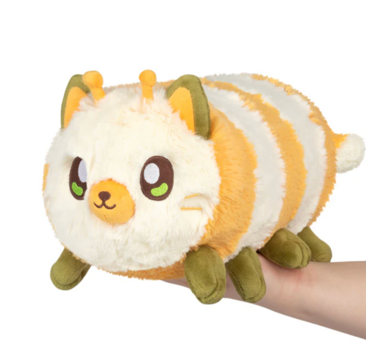 Kittypillar/Caterpillar Mini plush toy with fuzzy orange and white stripes, multiple paws, and cute kitty face.