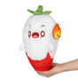 Hand holding a friendly plush Ghost Pepper Mini with white top, red bottom, green stem, and a small flame on its side.