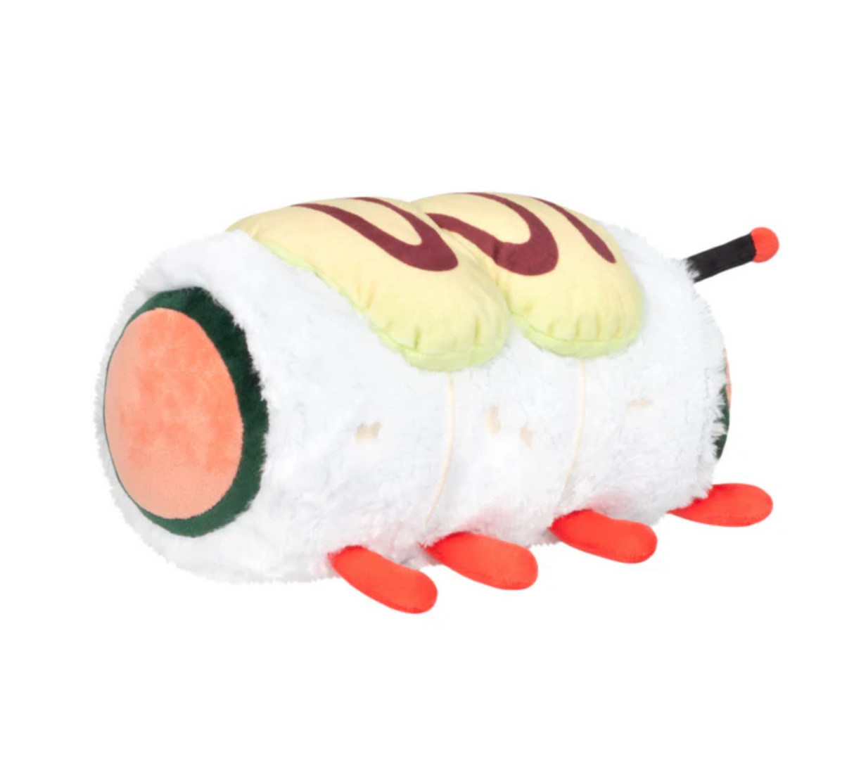 Soft plush toy shaped like sushi with legs, designed as a Caterpillar Roll Mini with friendly, playful details.
