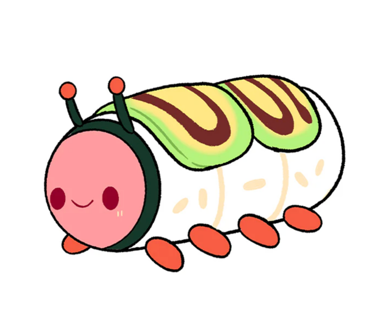 Cute cartoon sushi caterpillar with avocado topping and smiling face for Caterpillar Roll Mini product.