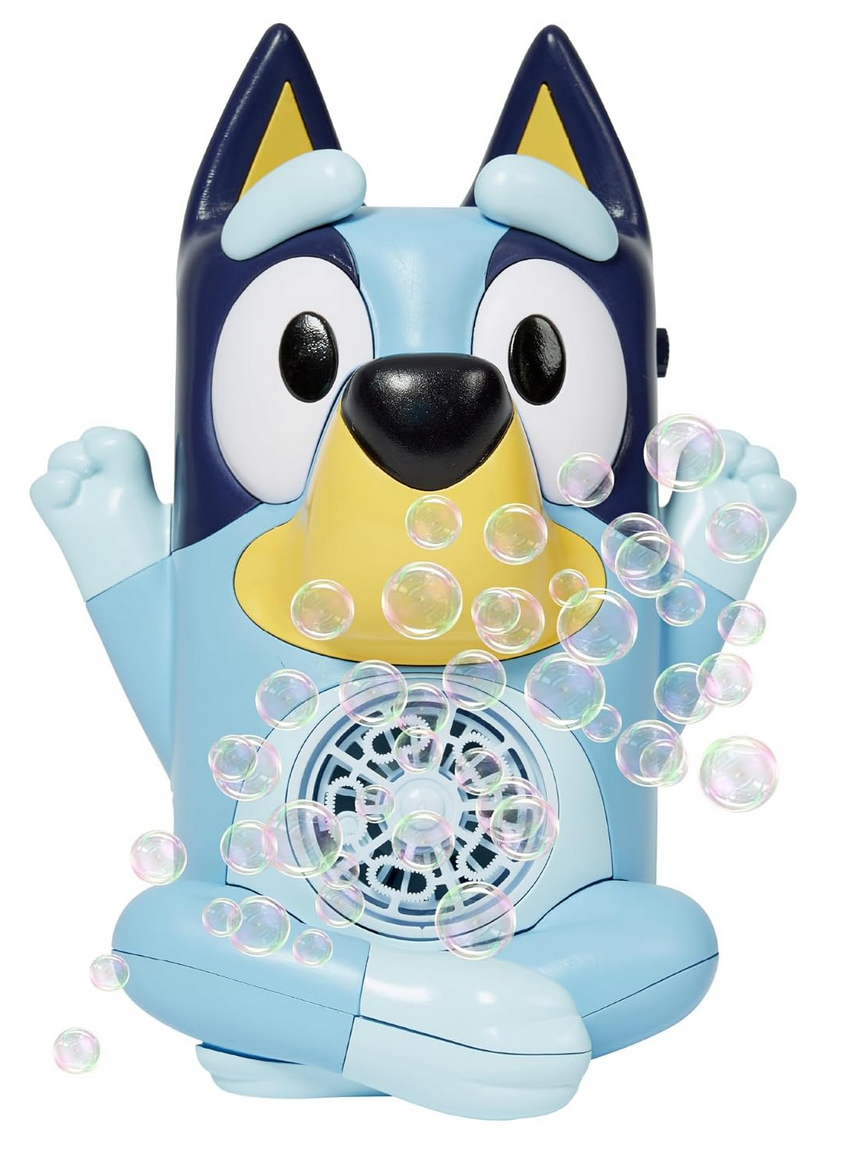 Bluey No-Spill Musical Bubble Machine blowing bubbles with its friendly character design for continuous fun.
