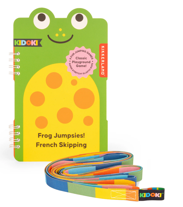 Frog Jumpsies! French Skipping with colorful elastic rope and fun frog-themed instruction booklet for jumping games.