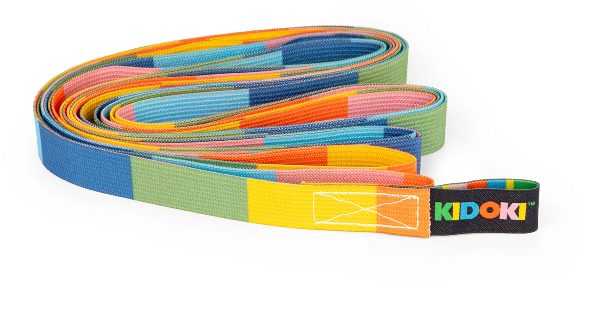 Frog Jumpsies! French Skipping elastic rope in bright multicolor polyester with Kidoki brand tag.