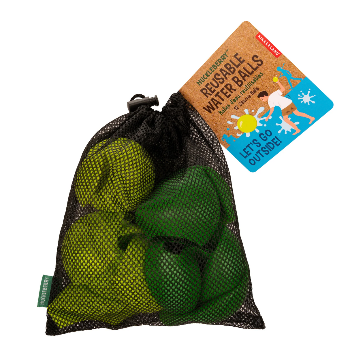Huckleberry Reusable Water Balloons in green stored in a black mesh bag with colorful product tag attached.