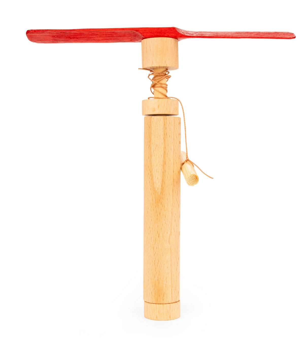 Huckleberry Pull Helicopter wooden toy with red propeller and pull cord for fun, battery-free outdoor play.