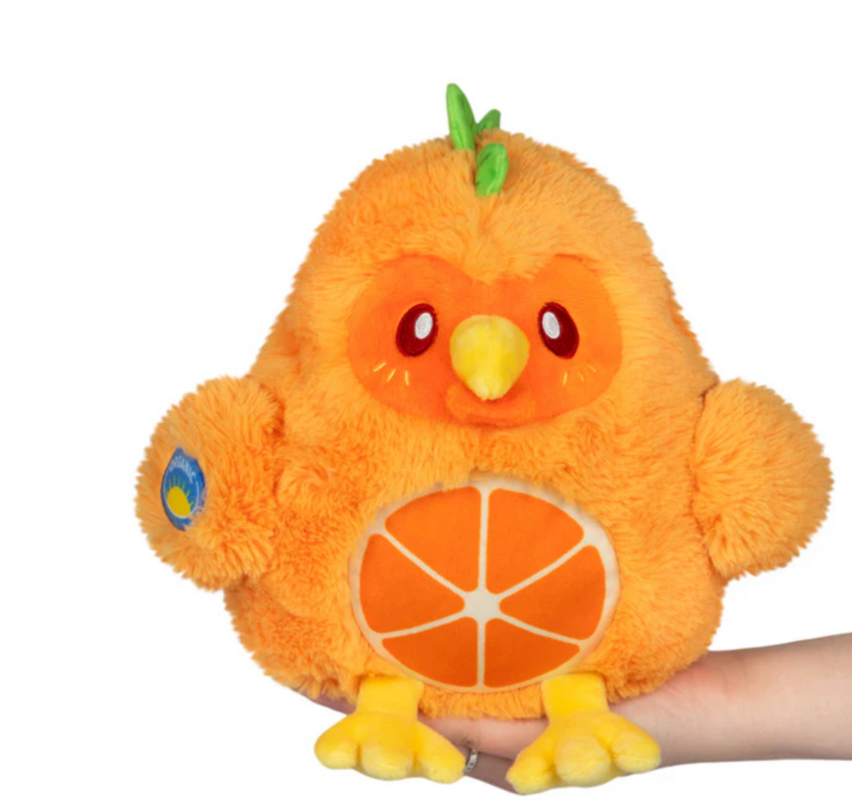 Orange Chicken Mini plush toy with bright orange body and citrus slice belly, held by hand, size 10x10x9 inches.