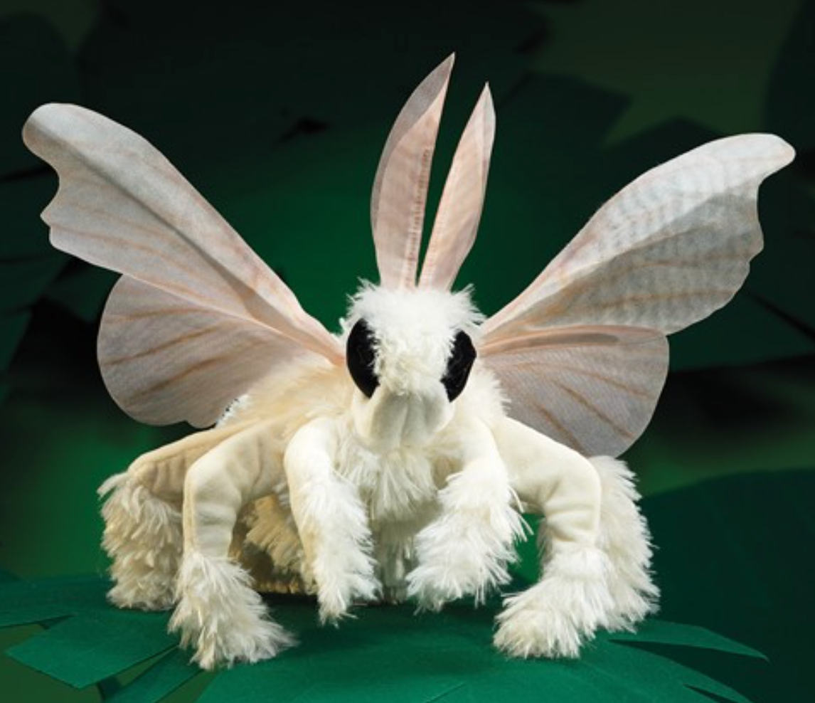 Poodle Moth Puppet with fluffy white plush body, large antennae, printed organza wings, and big black eyes.