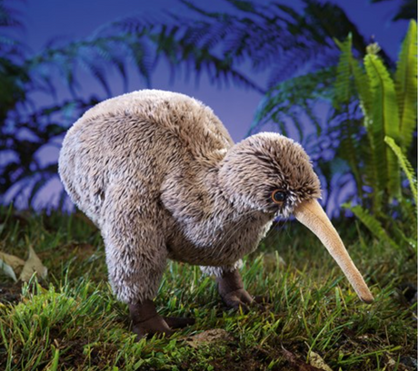 Kiwi Puppet plush with velour accents, lifelike movement, mimicking the endangered New Zealand flightless bird.