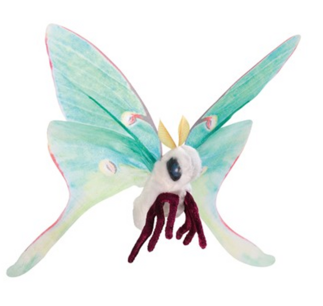 Luna Moth Finger Puppet with delicate printed organza wings and soft velour body, perfect for imaginative play and storytelling.