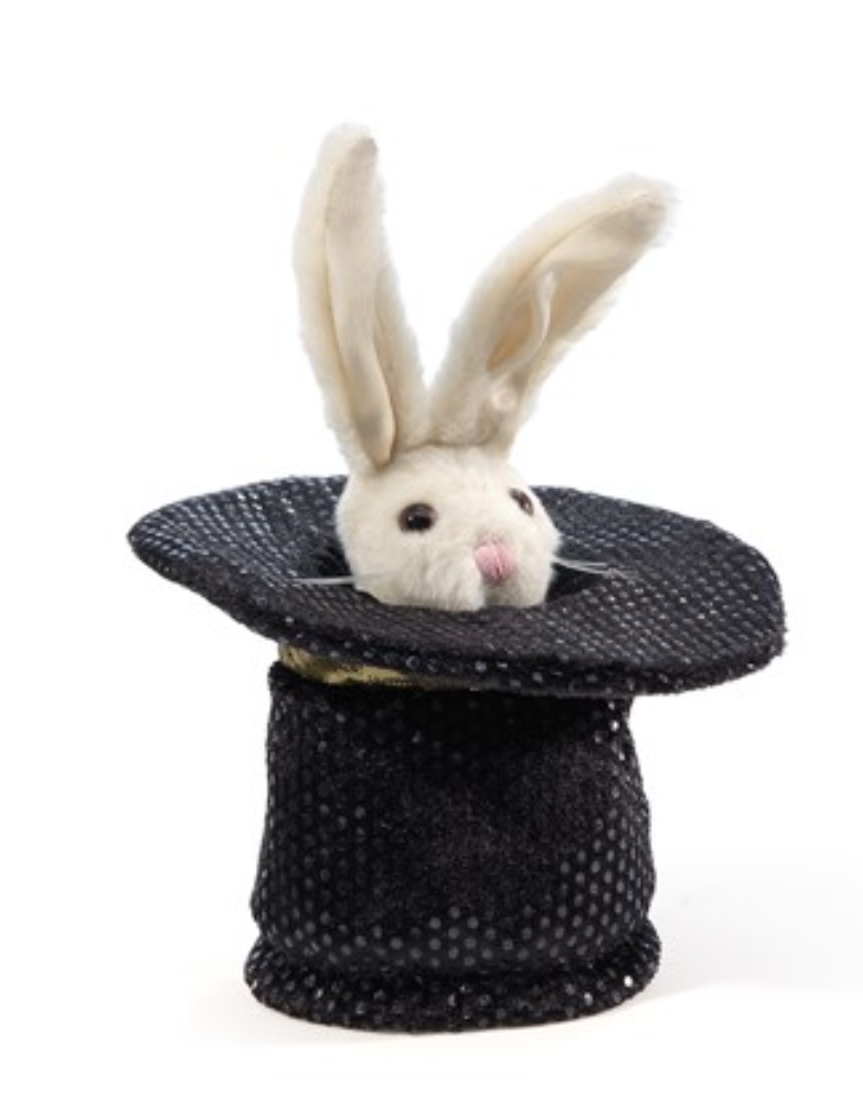 Magic Hat Finger Puppet with a soft white velour rabbit popping from a sparkling black magician's hat.