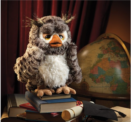 Wise Owl Puppet perched on books with globe and graduation cap, soft plush with movable beak and winking eyebrows.