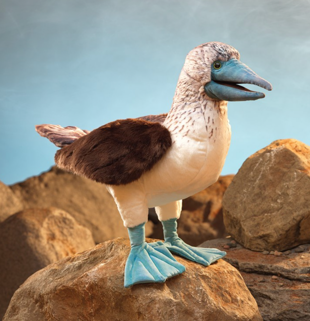 Blue Footed Booby Puppet standing on rocks with movable beak and distinctive bright blue feet in natural setting.