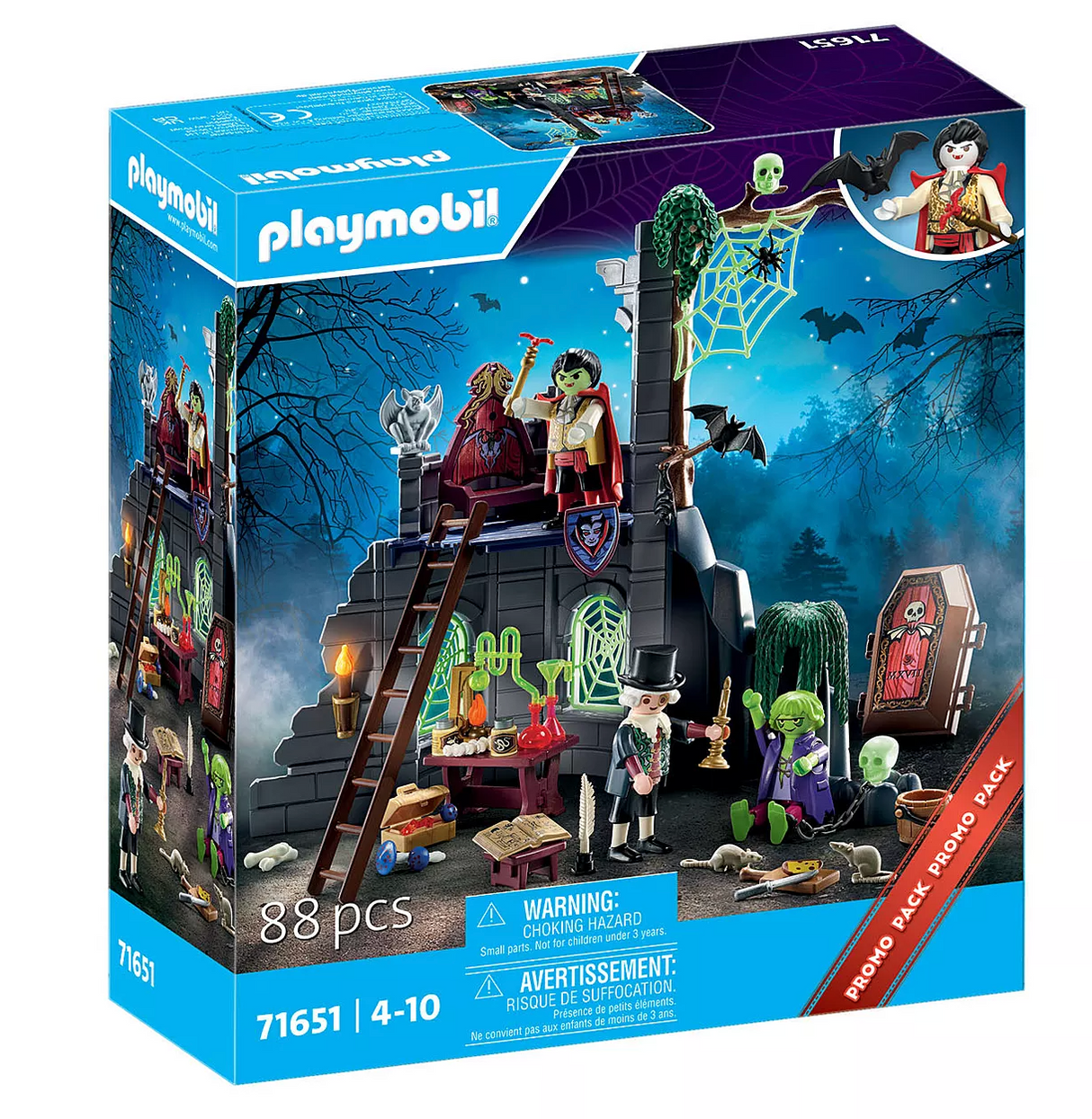Promo Pack | Haunted Ruin featuring Dracula, zombie, castle, coffin, and glow-in-the-dark accessories for kids ages 4-10.