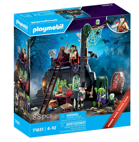 Promo Pack | Haunted Ruin featuring Dracula, zombie, castle, coffin, and glow-in-the-dark accessories for kids ages 4-10.