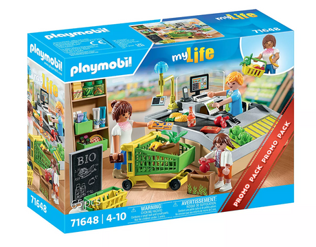 Promo Pack | Organic Supermarket with shopping cart, groceries, cashier, and family figures for kids ages 4 to 10.