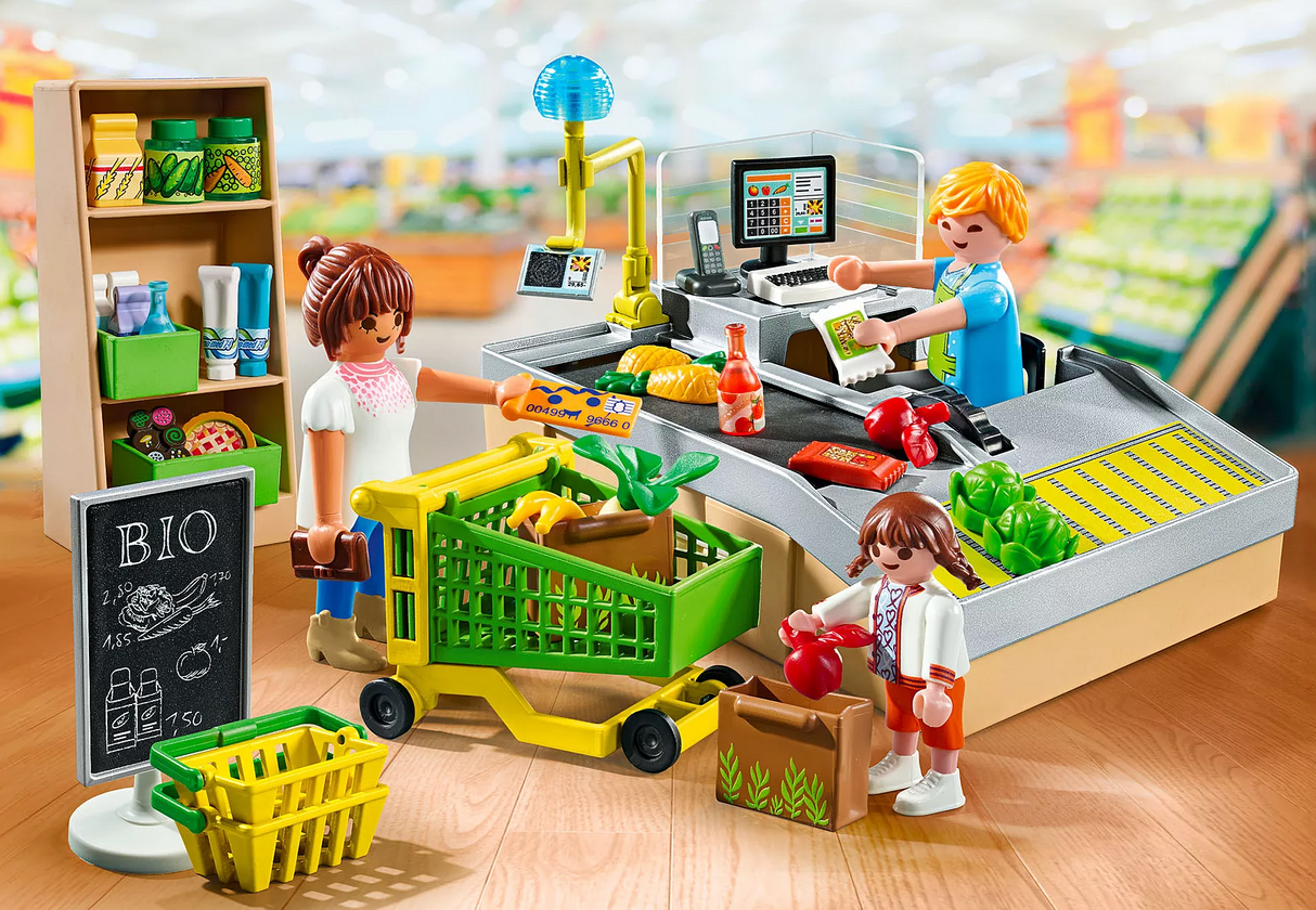 Promo Pack | Organic Supermarket with figures shopping, groceries, and checkout conveyor belt playset.