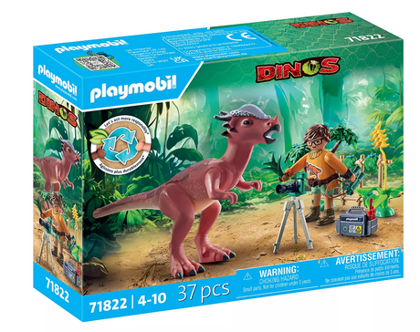Dinos | Stygimoloch Observation set with a red Stygimoloch and researcher capturing photos in a jungle scene.