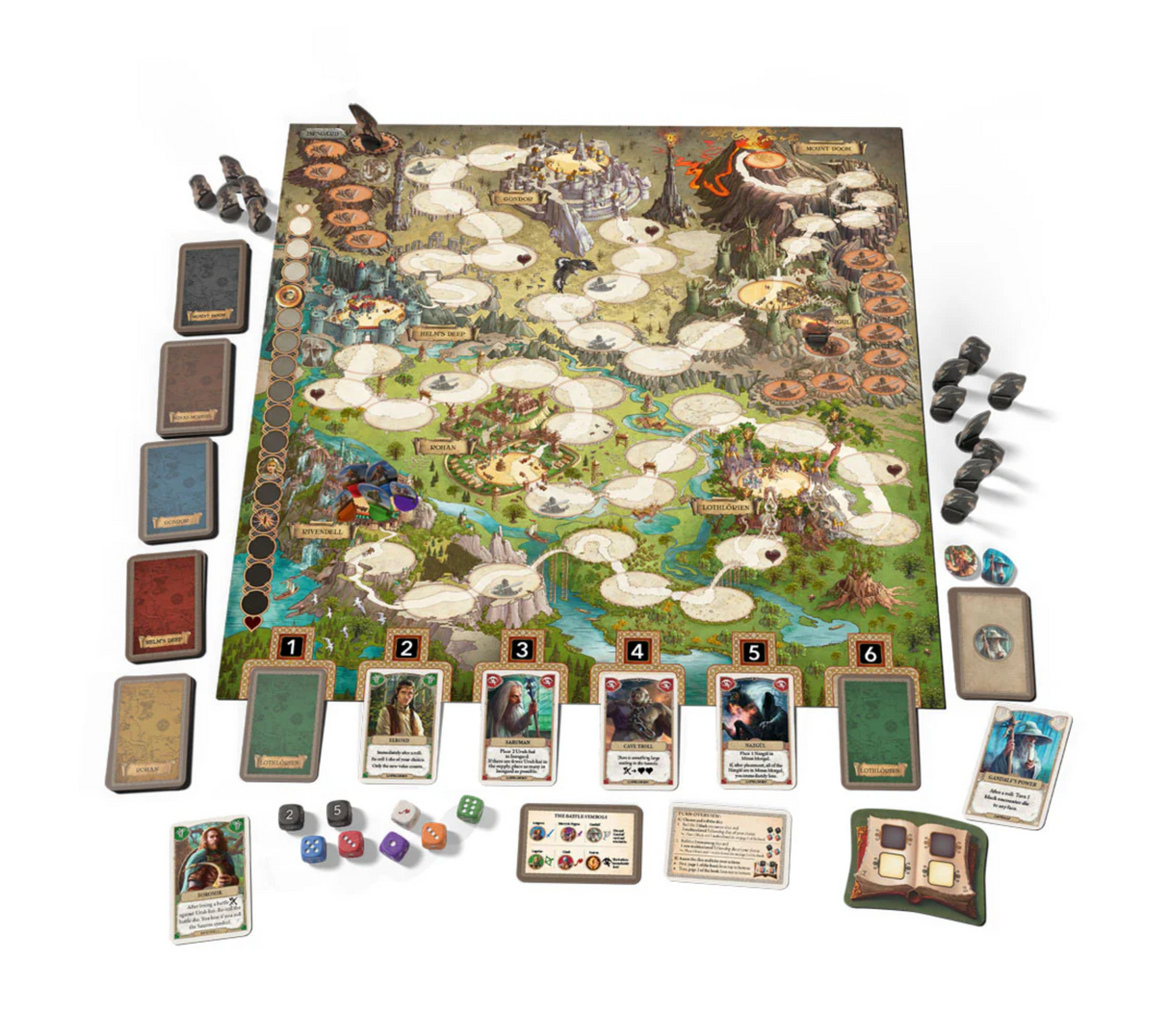 The Lord of the Rings: Adventure to Mount Doom gameboard, cards, dice, and player pieces laid out for play.