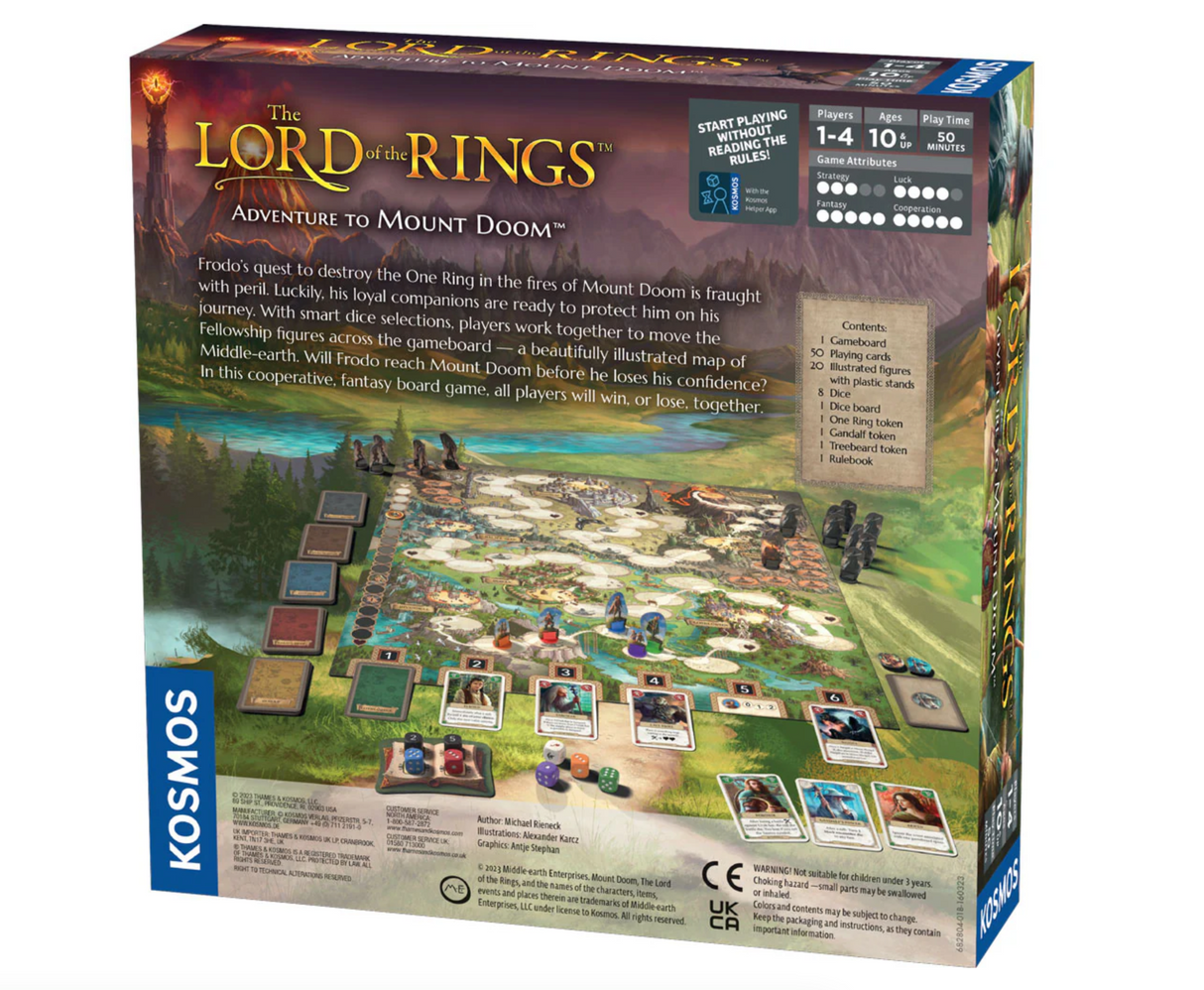 The Lord of the Rings: Adventure to Mount Doom board game showing game pieces, cards, and map for cooperative play.