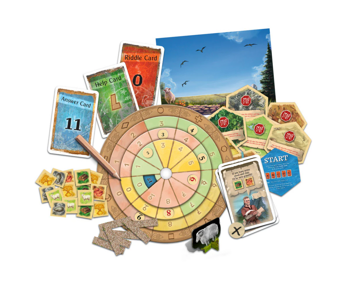 Exit: The Game- Adventures on Catan board game components including cards, circular game board, tokens, and animal figures.