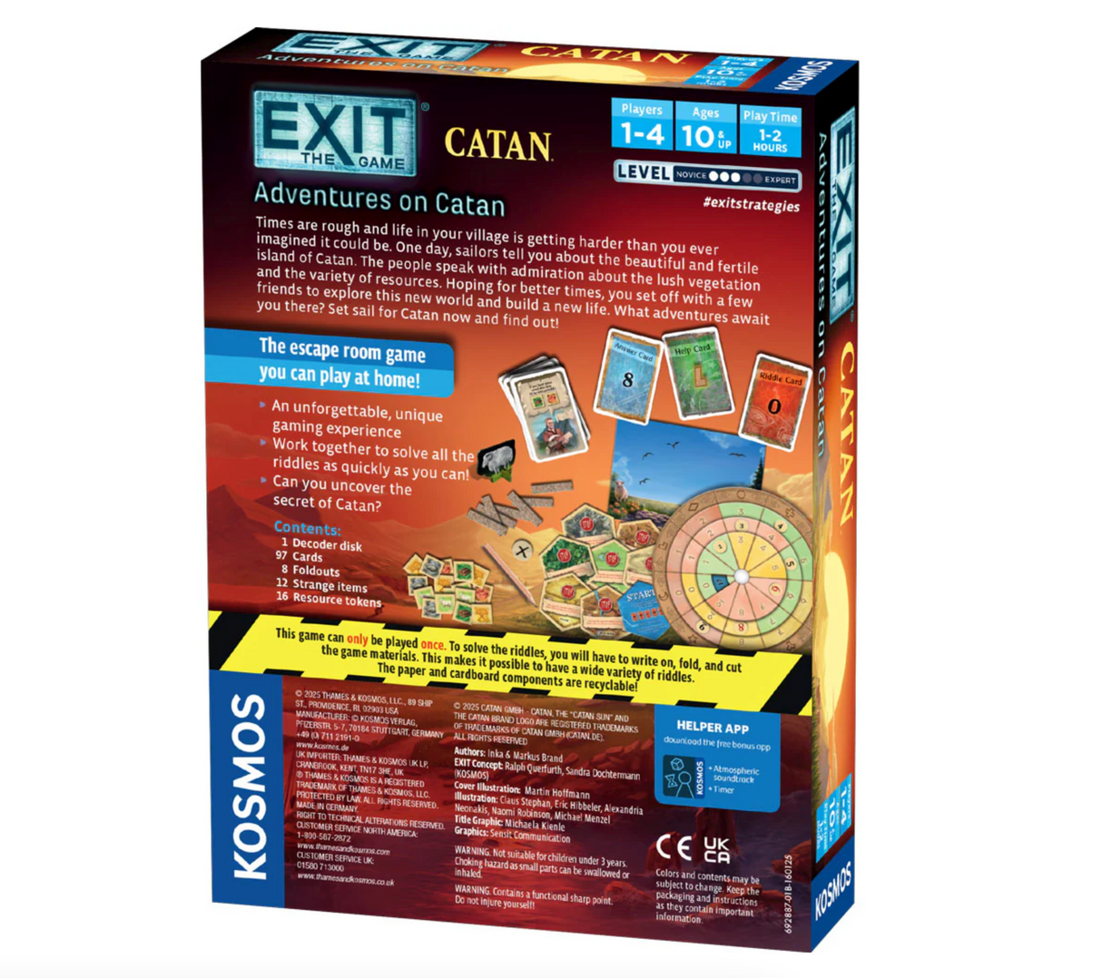 Exit: The Game- Adventures on Catan board game box showing game components for 1-4 players ages 10 and up.