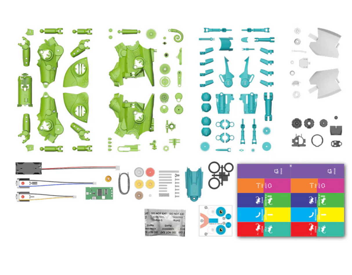 My Robotic Pet: Coding Chameleon disassembled parts laid out, showing components for building and programming the robotic reptile.
