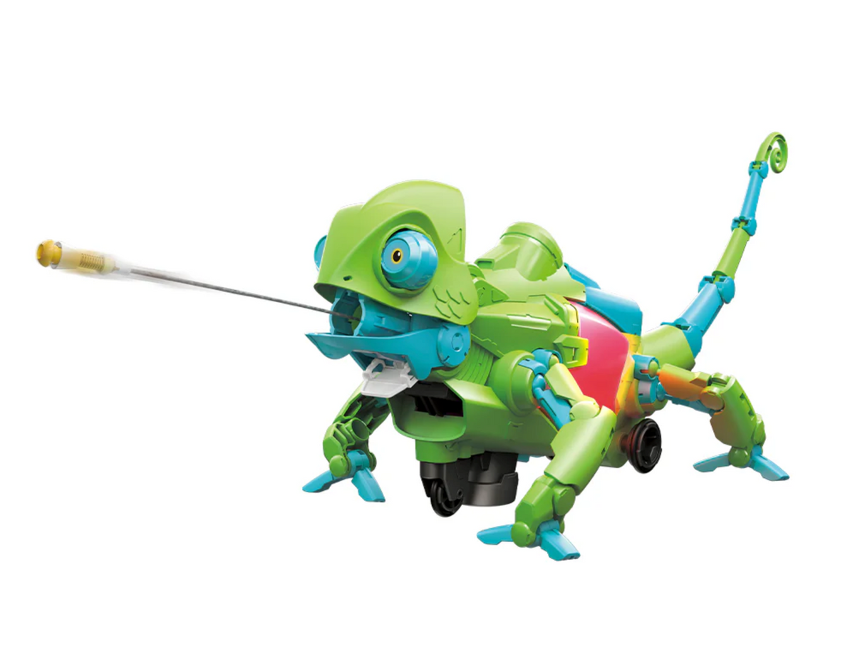 My Robotic Pet: Coding Chameleon toy in green with moving eyes, articulated legs, and an extending tongue feature.
