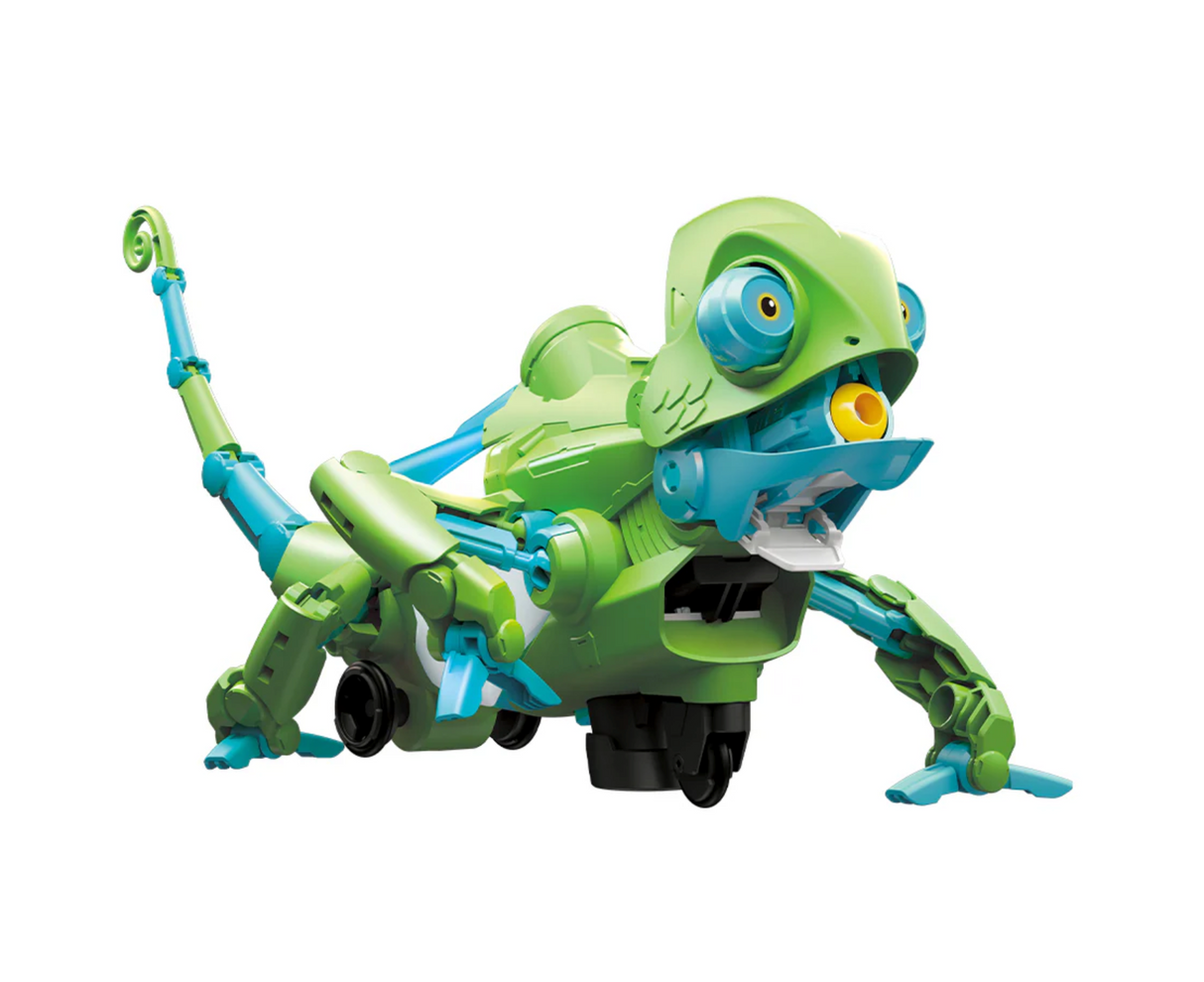 My Robotic Pet: Coding Chameleon in green and blue with movable eyes, jaw, and articulated limbs for lifelike robotic play.