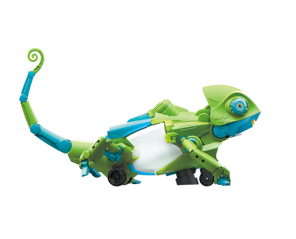 My Robotic Pet: Coding Chameleon in green and blue with articulated legs, moving eyes, and a curled tail.
