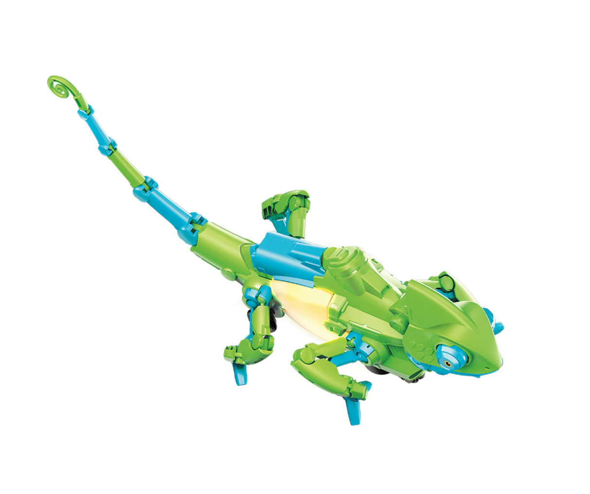 My Robotic Pet: Coding Chameleon in green and blue with articulated legs and lifelike moving eyes and jaw.