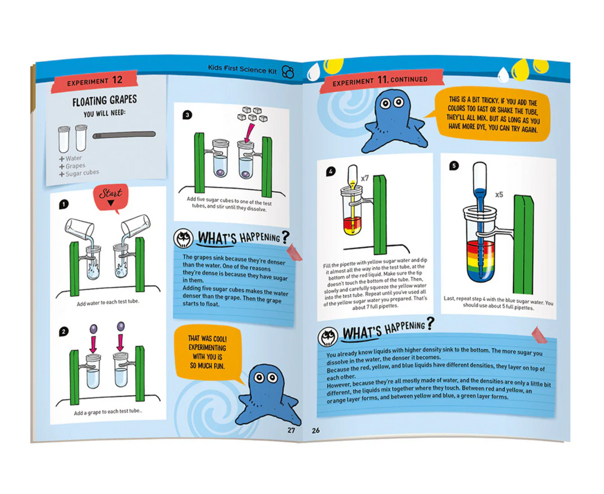 Kids First Science Kit open manual showing step-by-step floating grapes experiment with colorful illustrations and instructions
