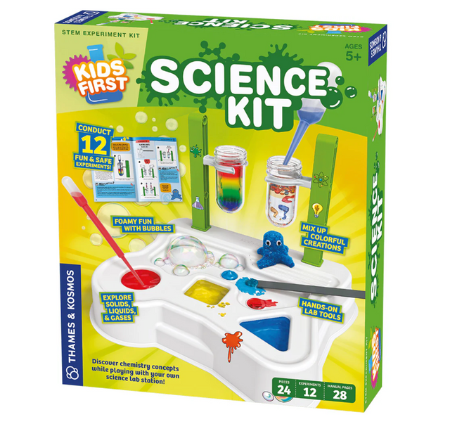 Kids First Science Kit with colorful lab tools, bubbles, and hands-on STEM experiments for kids ages 5 and up.