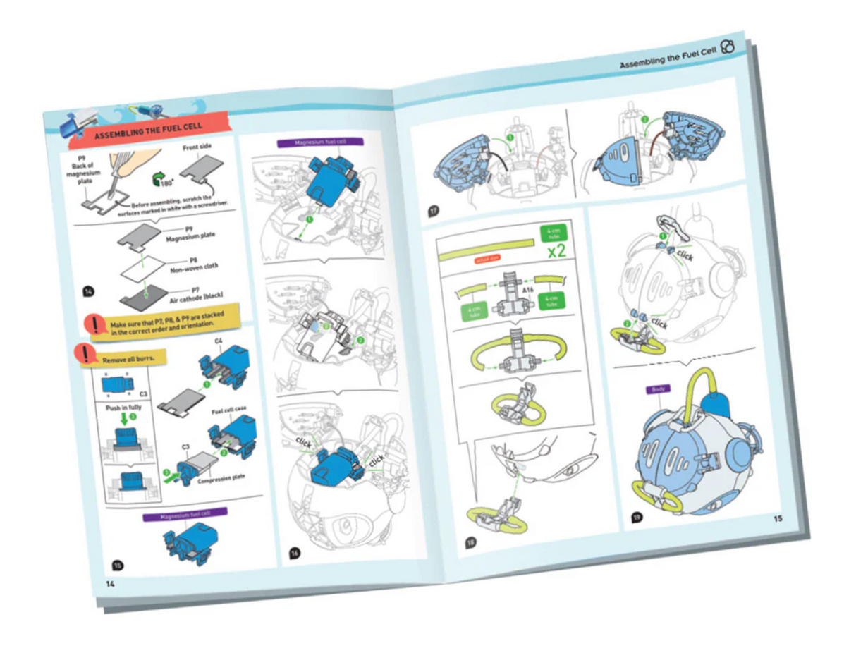 Saltwater Fuel Cell Robot assembly manual showing step-by-step instructions with detailed diagrams for building the robot.
