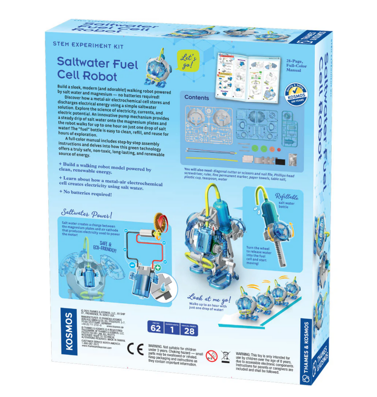 Saltwater Fuel Cell Robot STEM kit showing components and assembly for a renewable energy-powered walking robot.
