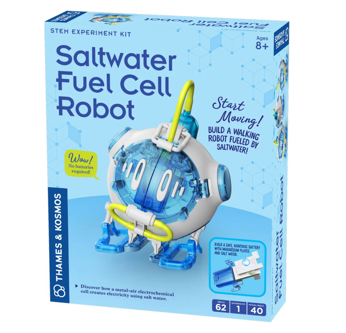 Saltwater Fuel Cell Robot STEM kit shows a blue and white walking robot powered by salt water and magnesium.
