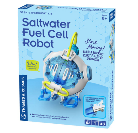 Saltwater Fuel Cell Robot STEM kit shows a blue and white walking robot powered by salt water and magnesium.