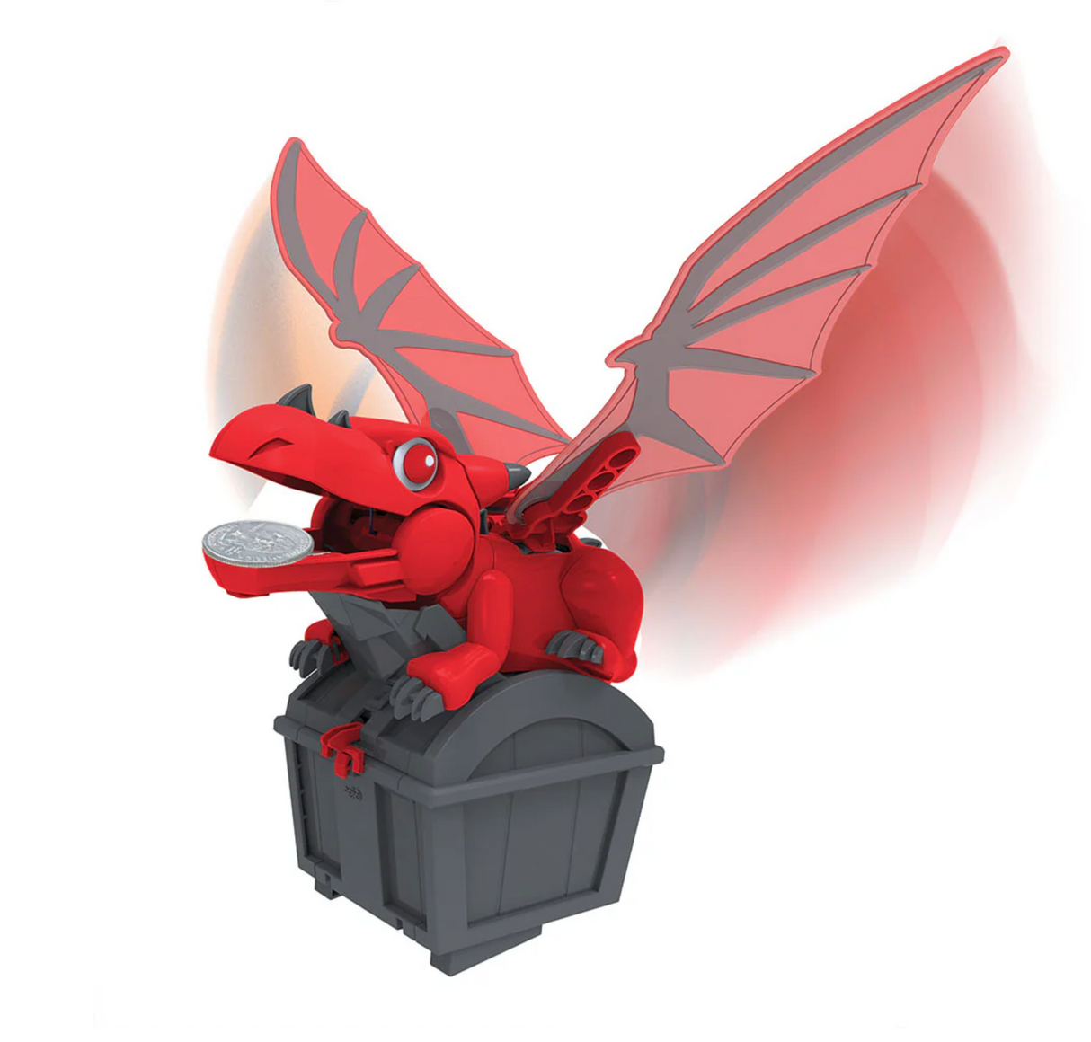 Red robotic dragon with flapping wings holding a coin above a treasure chest in the Robotic Dragon Bank Kit.