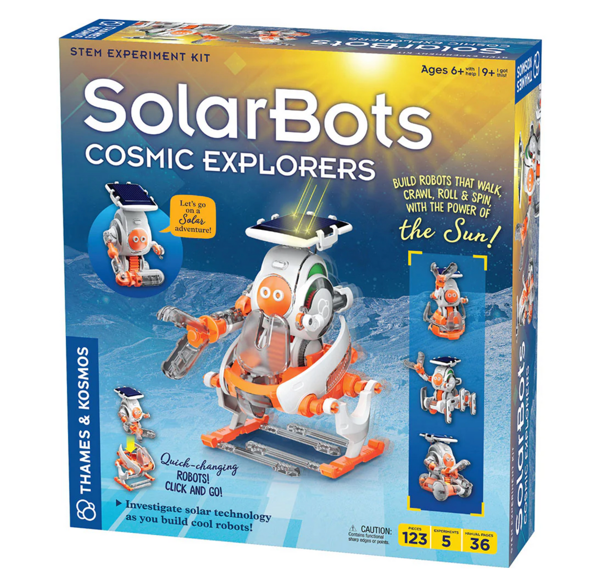 SolarBots: Cosmic Explorers STEM kit with solar-powered robots that walk, crawl, roll, and spin for kids ages 6 and up.