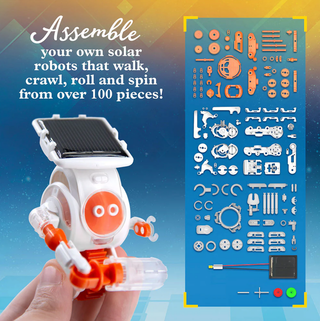 SolarBots: Cosmic Explorers kit showing assembled solar robot and over 100 parts to build walking and rolling bots.