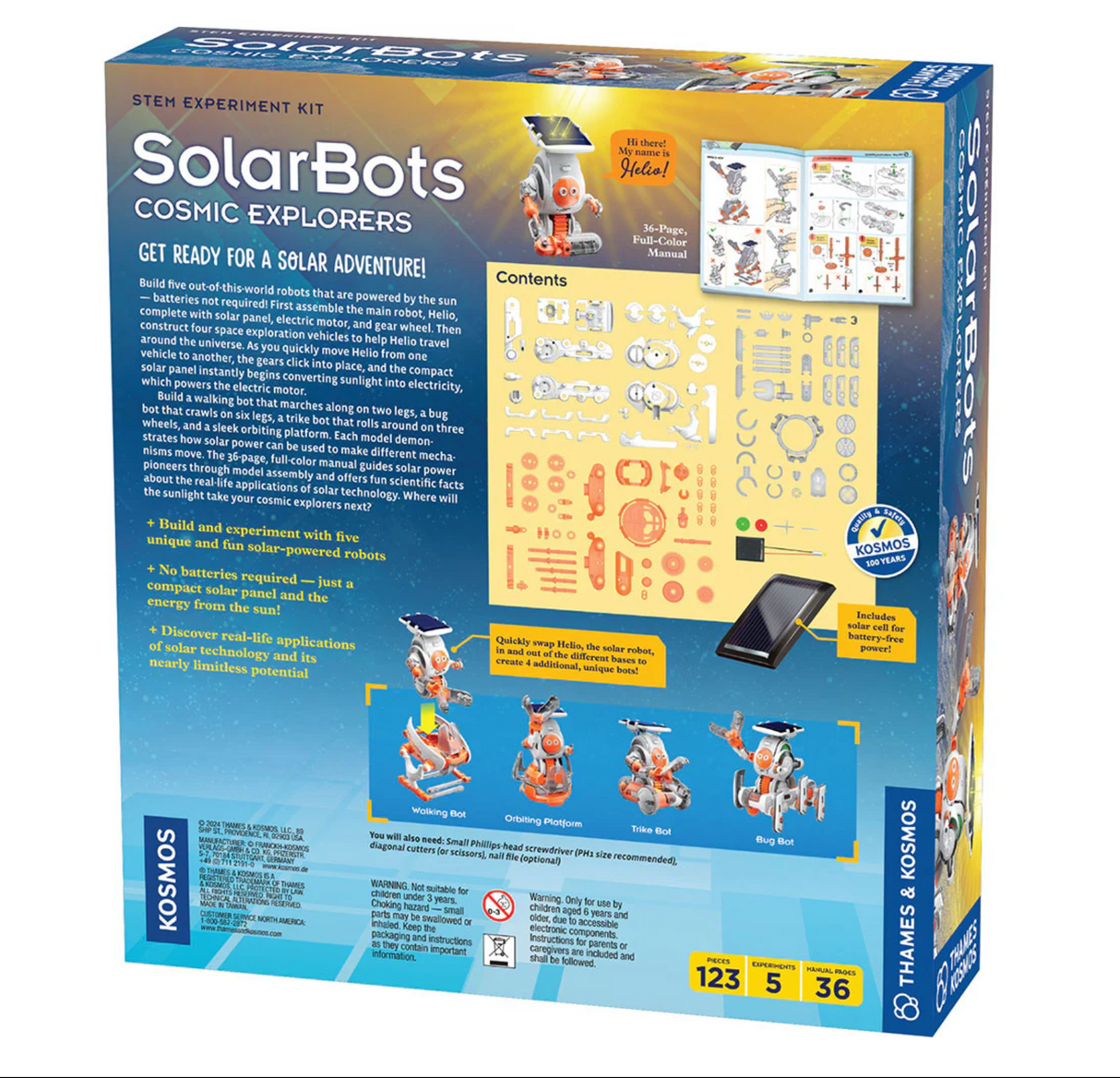 SolarBots: Cosmic Explorers solar-powered robot kit featuring Helio and four space exploration vehicles for STEM fun.