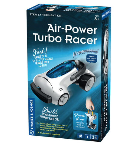 Air-Power Turbo Racer STEM kit box featuring a white air-powered race car and built-in pump for ages 8 and up.
